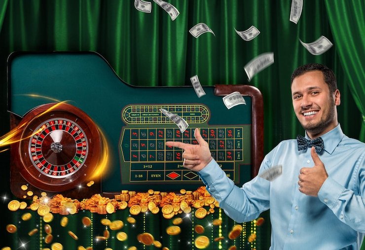 Meja Caribbean Stud Poker di studio ug11play dengan kartu terbuka dan dealer profesional